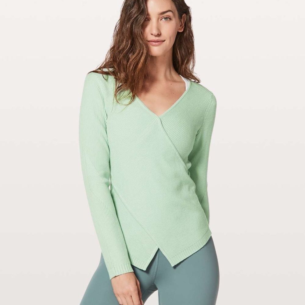 LULULEMON Wrap it Back Sweater Sea Breeze Green Cashmere Knit Top Reversible 4